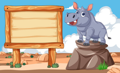 Cartoon rhino standing next to a signboard.