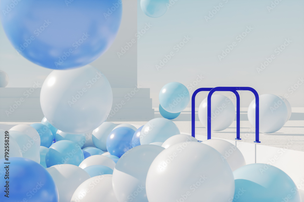 Poster abstract summer scene with white and blue glossy balloons in the pool. 3d rendering.