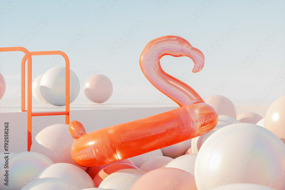 Poster abstract summer scene with white and orange glossy balloons in the pool. 3d rendering.