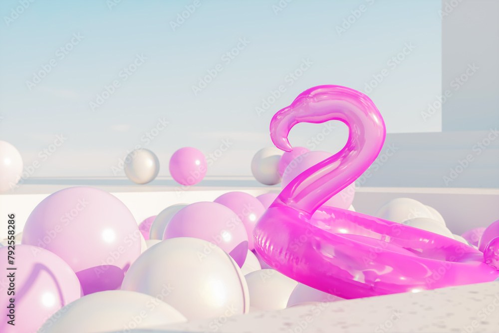 Poster abstract summer scene with white and pink glossy balloons in the pool. 3d rendering.