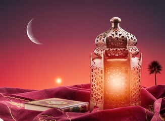 Ornamental Arabic golden lantern with burning light