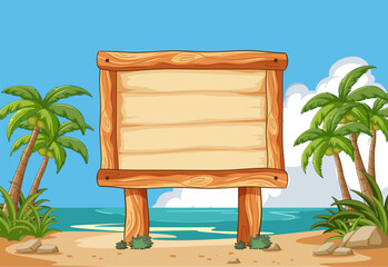 Blank wooden signboard on a sunny beach - obrazy, fototapety, plakaty