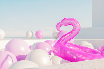 Abstract summer scene with white and pink glossy balloons in the pool. 3d rendering.