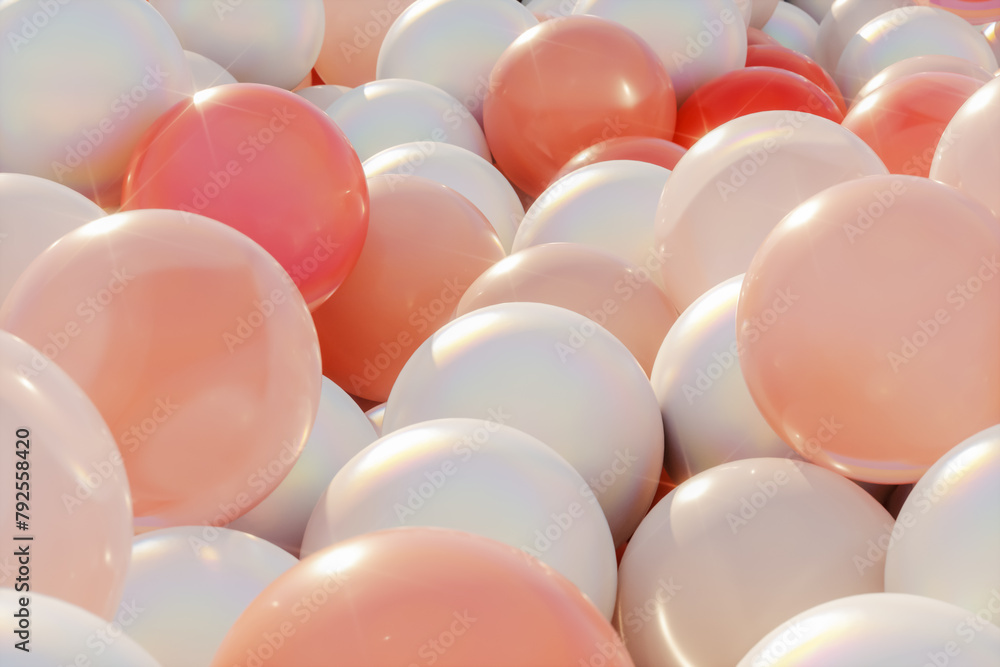 Poster abstract summer scene with white and orange glossy balloons in the pool. 3d rendering.