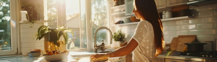 Kitchen Elegance: Woman Engaged Meticulous Cleaning - obrazy, fototapety, plakaty