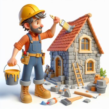 3d construction worker, painter, mascot, animation, banner, white background