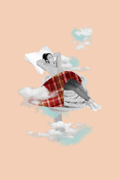 Vertical collage picture young smiling girl lying cozy comfort blanker pillow daydream home sky imagination clouds background