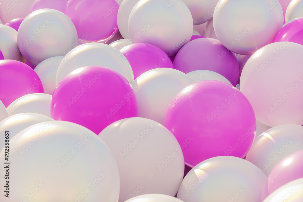 Poster abstract summer scene with white and pink glossy balloons in the pool. 3d rendering.