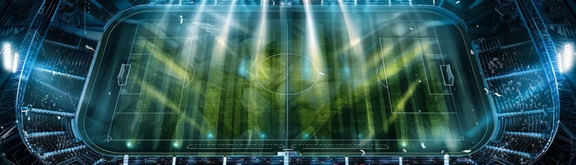 aerial top view of a football stadium arena illuminated by spotlights. This soccer sport background - obrazy, fototapety, plakaty