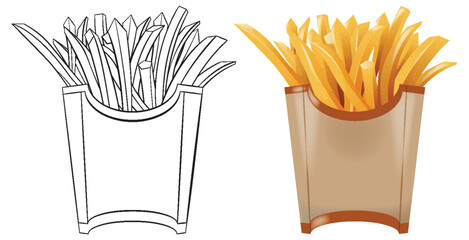 Sketch and colored drawing of french fries.