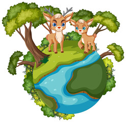 Two deer standing on a small, lush planet.