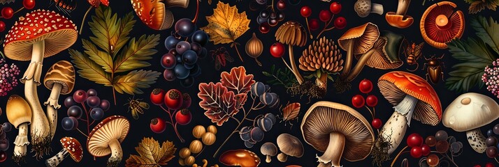 Enchanted Forest Tapestry with Mushrooms, Berries, and Fauna