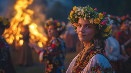Fototapeta premium In the midst of the sacred festival celebration of Ivana Kupala Saint John, a lively bonfire lights up the night, its flickering flames drawing people to dance and revel around it