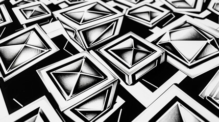 Black and white geometrics trick the eye with popping 3D illusions.