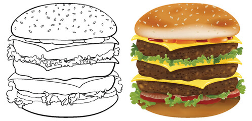 Vector illustration of a burger, colored and outlined.
