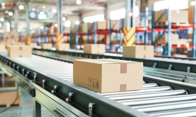 Packages of cardboard boxes move along a conveyor belt in a warehouse logistics center. Cardboard boxes on conveyor rollers ready to be shipped by courier for distribution at warehouse. 