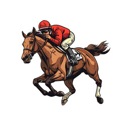 Jockey in red riding a galloping chestnut racehorse, illustrated in a detailed and dynamic vector style. Generative AI