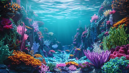 Dive into a mesmerizing Underwater World through the lens of Abstract Art, capturing vibrant coral reefs blending with surreal colors in unexpected camera angles Combine digital rendering techniques f - obrazy, fototapety, plakaty