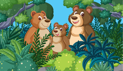 Three cartoon bears smiling among vibrant greenery.