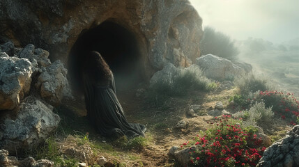 Cave of the Resurrection of Jesus Christ. Easter illustration - obrazy, fototapety, plakaty