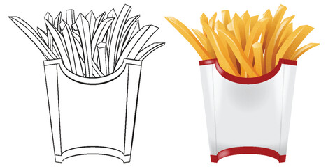 Black and white and colored french fries illustrations.