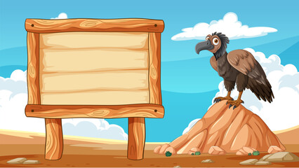 Cartoon vulture perched beside a blank sign.
