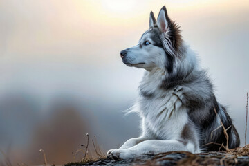 Husky dog sits on rocky outcrop with sky background.