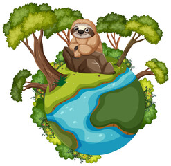 Cute sloth sitting on a tree over Earth