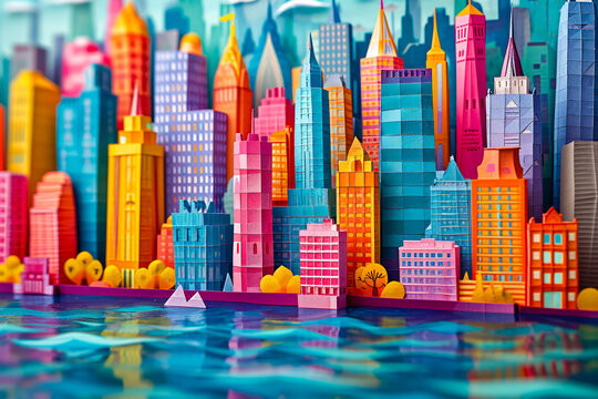 Colorful paper cityscape with tall buildings overlooking body of water possibly river or lake.
