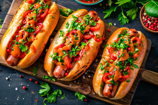 Four hot dogs with toppings on wooden board.