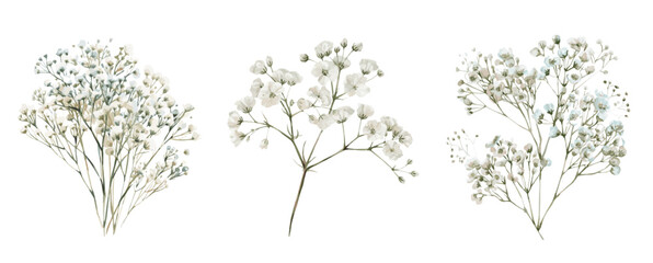 A set of watercolor branches of white gypsophila png. Delicate white gypsophila flowers with green stems on transparent isolated background. Element for invitations, flower arrangements.