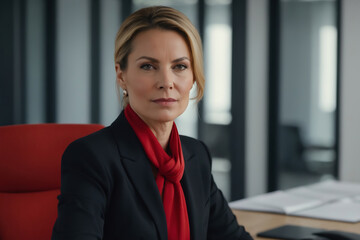 Confident Businesswoman in Black Suit with Red Scarf, Projecting Professionalism and Determination in an Office Environment