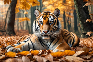 Tiger lays down in forest with autumn leaves around it. - obrazy, fototapety, plakaty