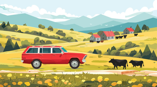 Red station wagon car on the background summer landscape