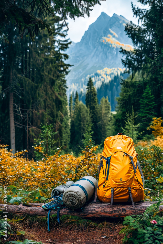 Sticker Large orange backpack sits on forest floor next to yellow sleeping bag and blue one.