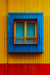 Colorful building has window with blue and orange frames.