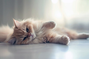 Portrait of an orange cat lying down with an adorable expression