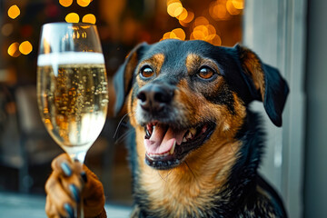 Dog is being offered glass of champagne.