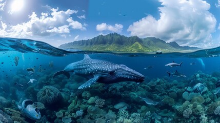 Through the lens of a split view, the underwater world unfolds in all its splendor, with a magnificent whale leading the way amidst a bustling community of marine inhabitants.