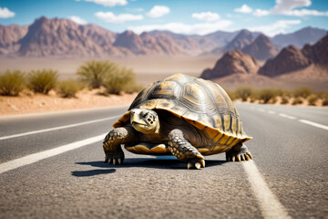 Turtle crossing desert road with mountains in the background. - Powered by Adobe