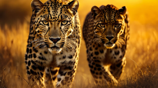Two leopards are walking in field with tall grass.