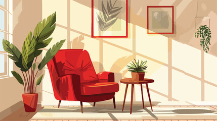 Retro interior. Living room with red chair coffee tab - obrazy, fototapety, plakaty