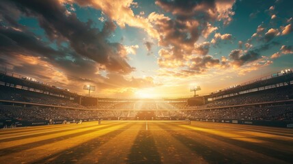 Futuristic smart stadium at sunset, glowing with advanced tech interfaces, bustling crowd. Soccer Stadium with Spectators at Sunset