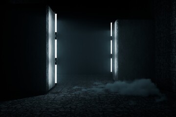 3d render, Dark room with neon lighting. Can be used for background.