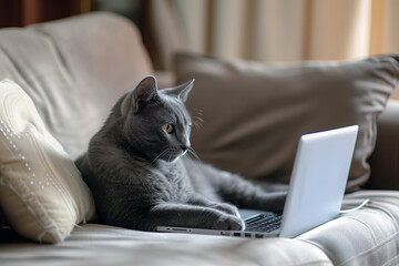Black cat is sitting on the sofa and playing with a laptop, focused facing the laptop