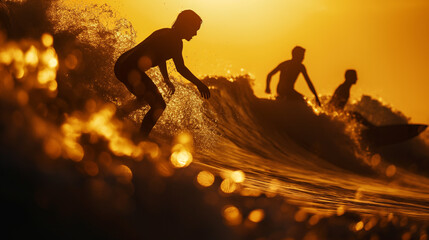 As the sun sets, two young surfers glide effortlessly on the waves, the golden hues of sunset dancing on the water's surface, their exhilaration palpable in their body language