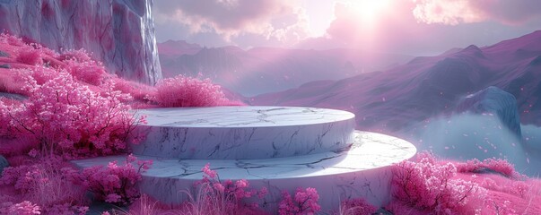 Dreamlike landscape with marble platforms amid vibrant pink foliage and misty mountains
