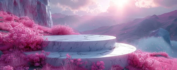 Fotobehang Dreamlike landscape with marble platforms amid vibrant pink foliage and misty mountains © Georgii