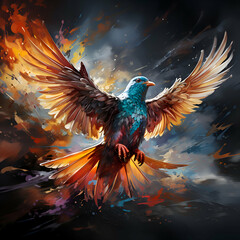 Pigeon in the form of a bird on a background of fire