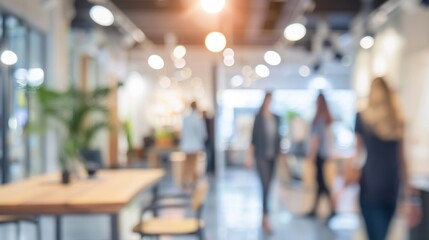 A blurry image of a busy room with people walking around
